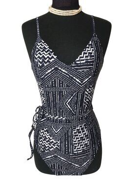 Orageous Womens M One-Piece Swimsuit Black White Padded Lined Tie Waist Swimwear